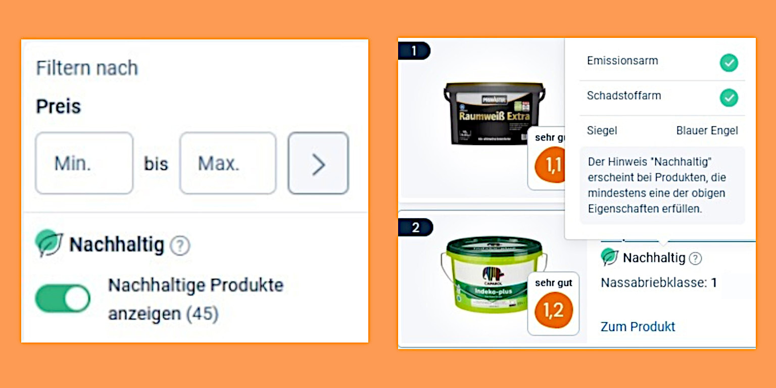 Filtermöglichkeiten auf Testberichte.de zum nachhaltigen Produkt