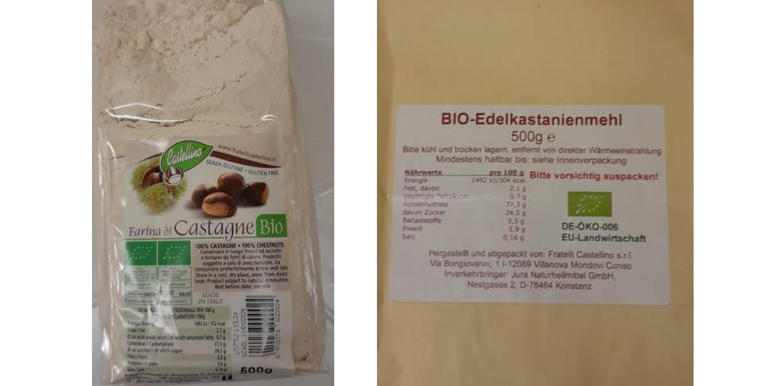 BIO-Edelkastanienmehl von Jura-Naturheilmittel-GmbH in 500 Gramm Packung vor weißem Hintergrund