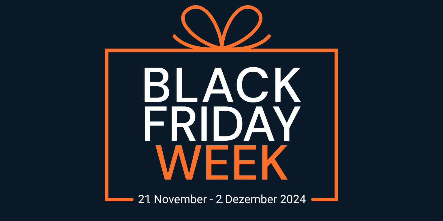 Black Week 2024 mit orangem Geschenk vor dunkelblauem Hintergrund