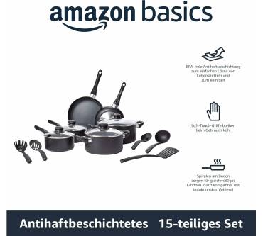 Produktbild AmazonBasics 15-teiliges Kochgeschirr mit Antihaftbeschichtung