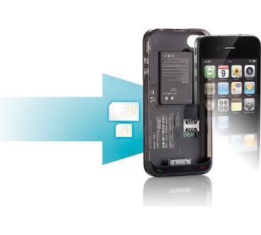 Produktbild Callstel Aktiver Dual-SIM-Adapter mit Cover & Zusatz-Akku für iPhone 4